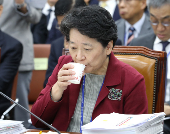 10일 오후 열린 국회 과학기술정보방송통신위원회의 한국연구재단, 한국과학기술원, 정보통신기획평가원 등에 대한 국정감사에서 노정혜 한국연구재단 이사장이 목을 축이고 있다.   연합뉴스
